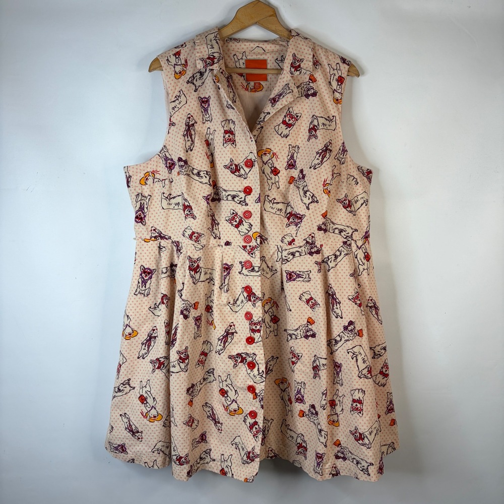 ModCloth Fit & Flare Dress Women 3X Cream Corgi Dog Polka Dot Sleeveless Pockets